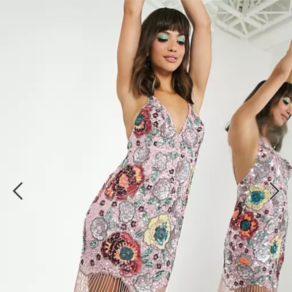 ASOS EDITION pink floral embellished cami dress with fringe